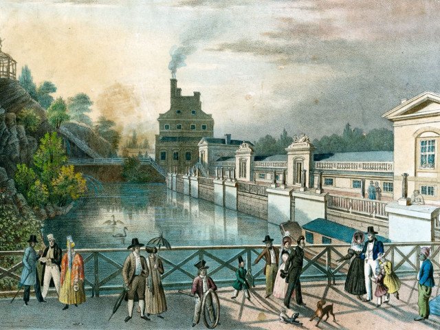 Forebay Race Bridge with assorted people. The Water Works became  a center of leisure activity, where people flocked to see and be seen. (Drawn and engraved by Fenderich & Wild. Free Library of Philadelphia Print and Picture Collection)