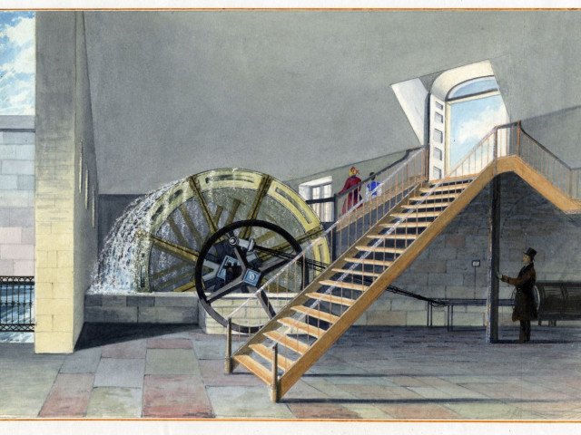 Water wheels interior. (Watercolor by David Johnston Kennedy. Historical Society of Pennsylvania) 