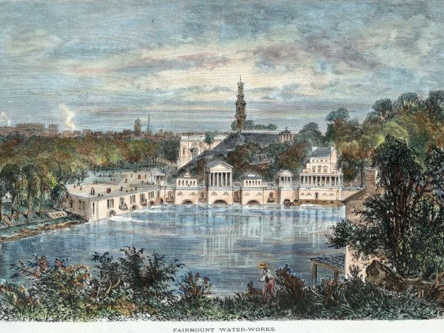 Fairmount Water Works, 1875 circa (This drawing shows the completion of the new mill house, located at the far left, completed in 1862)