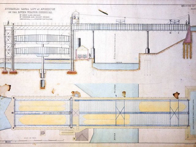 [Drawing showing] Hydraulic Canal Lift at Anderton on the River Weaver" c1891. Showing side elevation and plan; with additional annotations and ink-drawn figures of men; with names of engineers printed on: Edwin Clark, engineer, and Sidengham Duer. By Emm