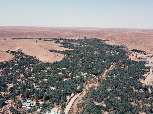 Aerial view of the ancient oasis of Beni Isguen, created in the bed of Wadi Nissa in the 14th century (M. Khouadja, M. Amine Saidani and M. Farah Hamamouche)